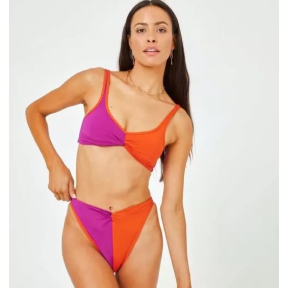 L Space Bikini Set Top & High Rise Bottom Twist Colorblock Pink Orange XS - Picture 2 of 8